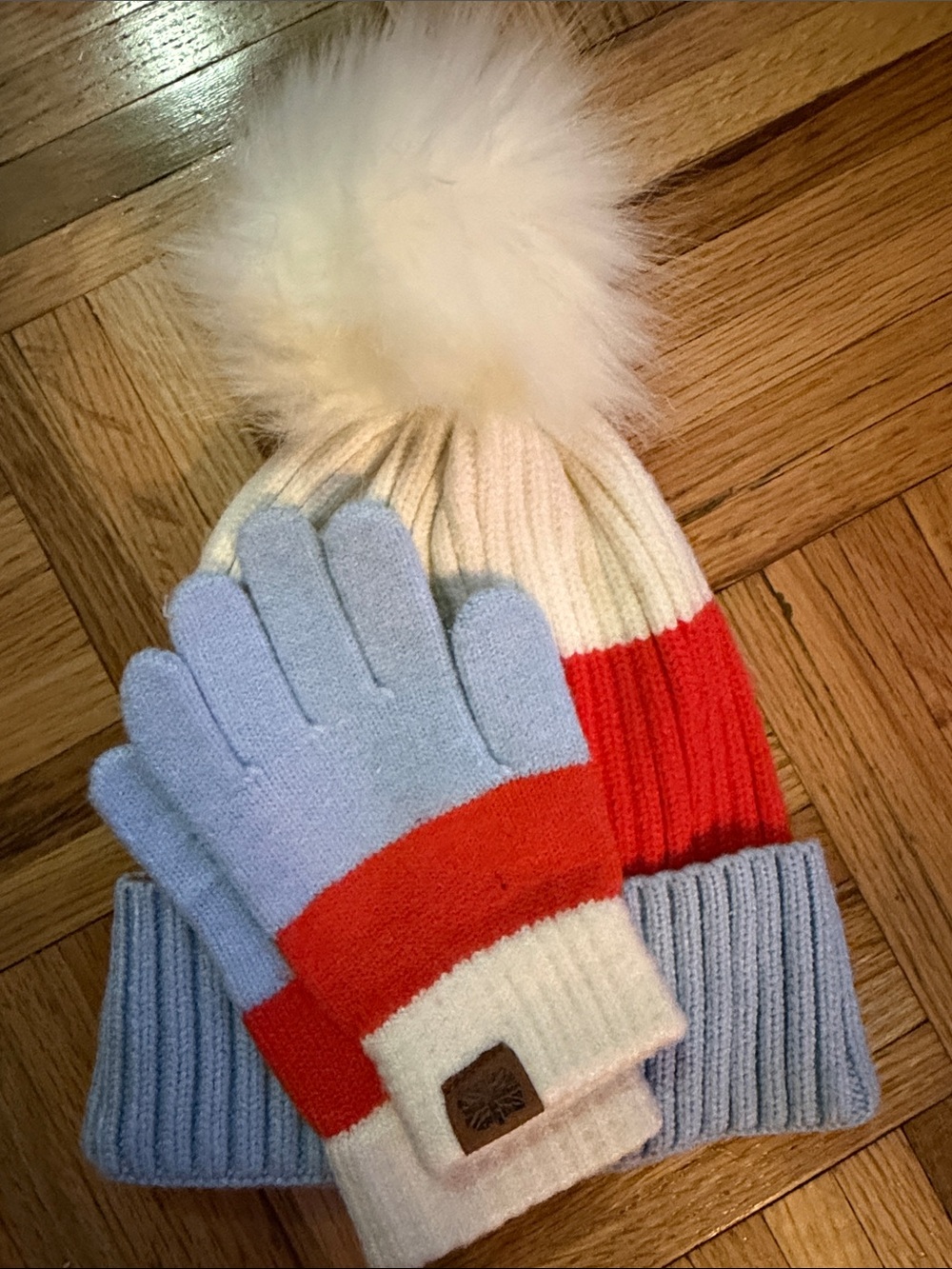 Kids Pom Pom Beanie & Gloves Set - Cream, Red & Light Blue